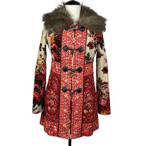Anthropologie Elevenses Karelia Coat 4 Red Faux Fur Trim Velvet Floral Patchwork